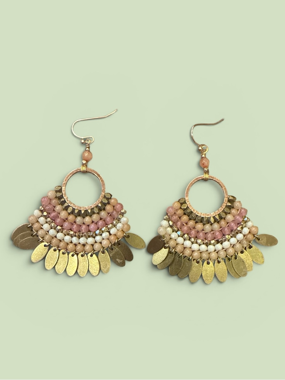 Boho Pink & Gold Beaded Fan Drop Earrings